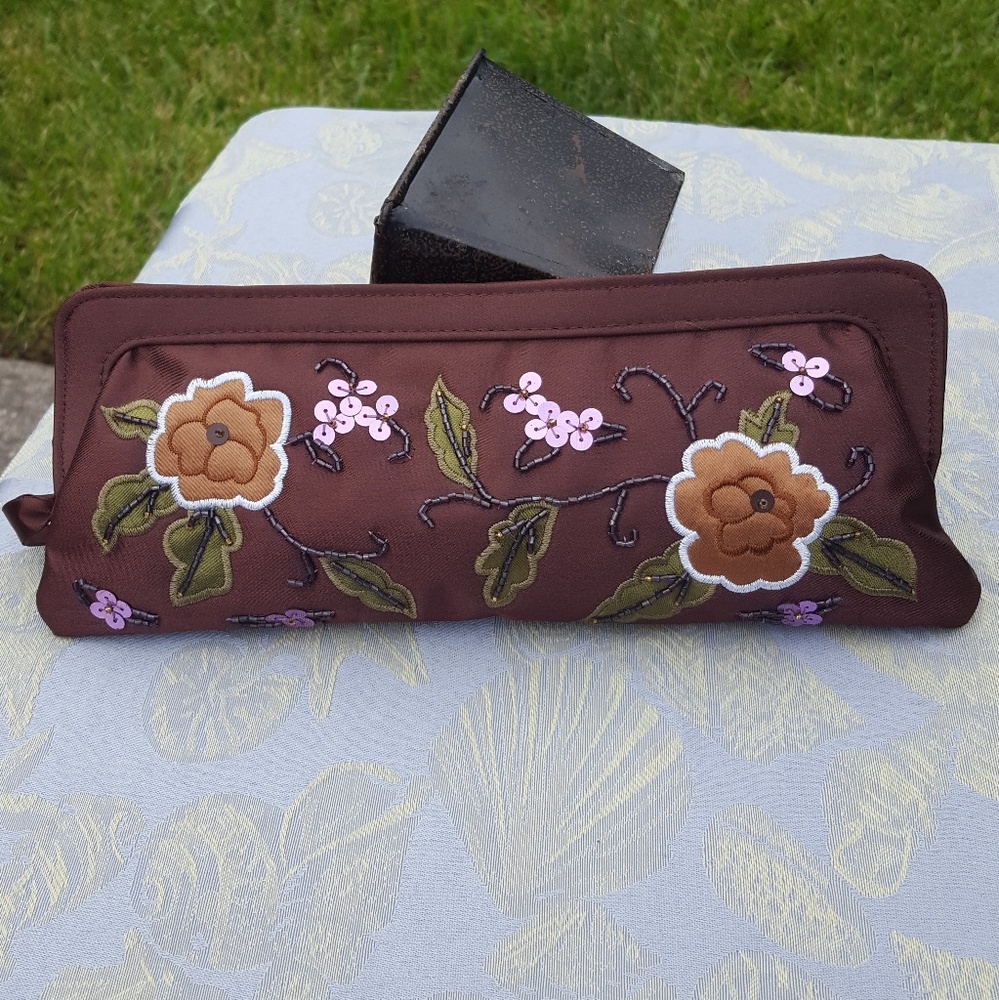 Wine Embroidered Satin Clutch